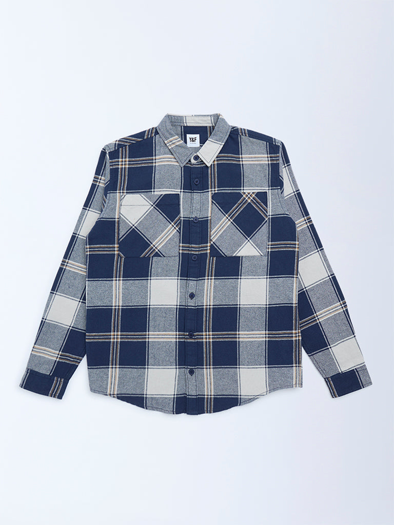 Y&F Kids Boys Navy Checks Printed Cotton Shirt