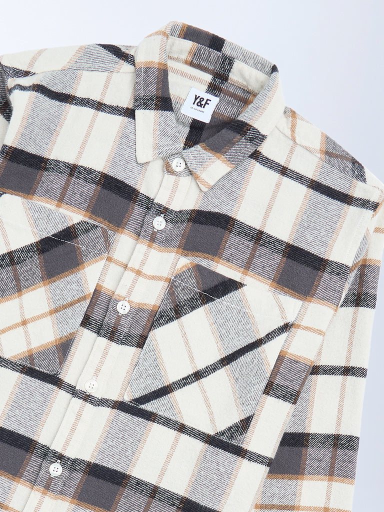 Y&F Kids Boys Off-White Checks Design Cotton Shirt