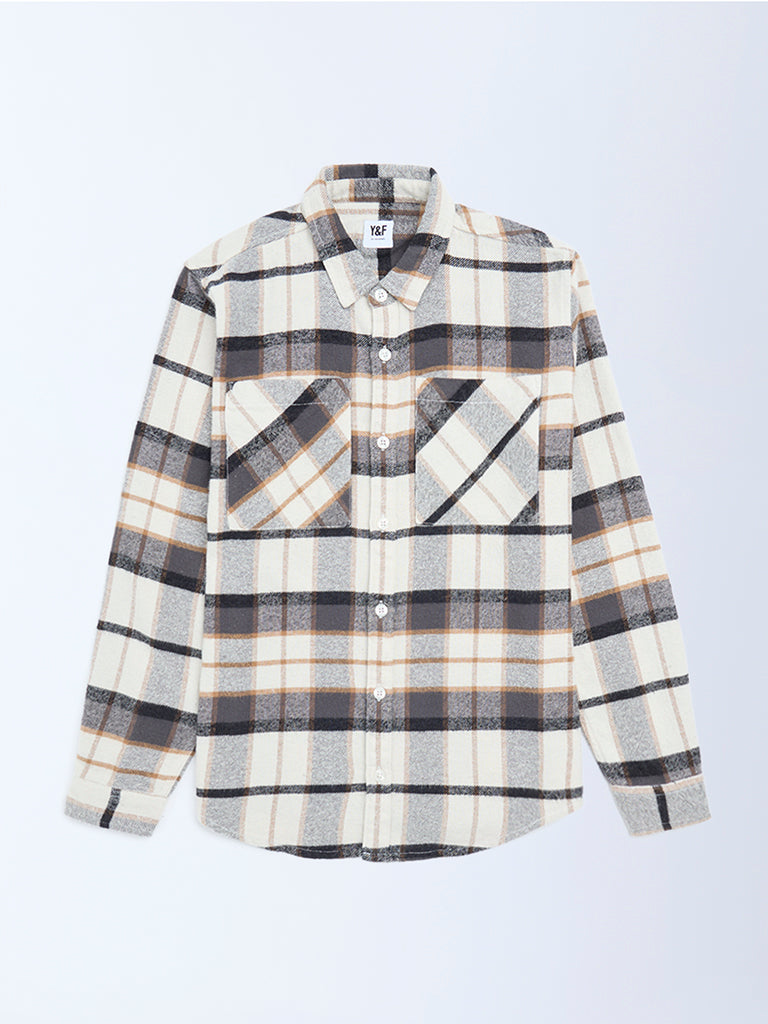 Y&F Kids Boys Off-White Checks Design Cotton Shirt