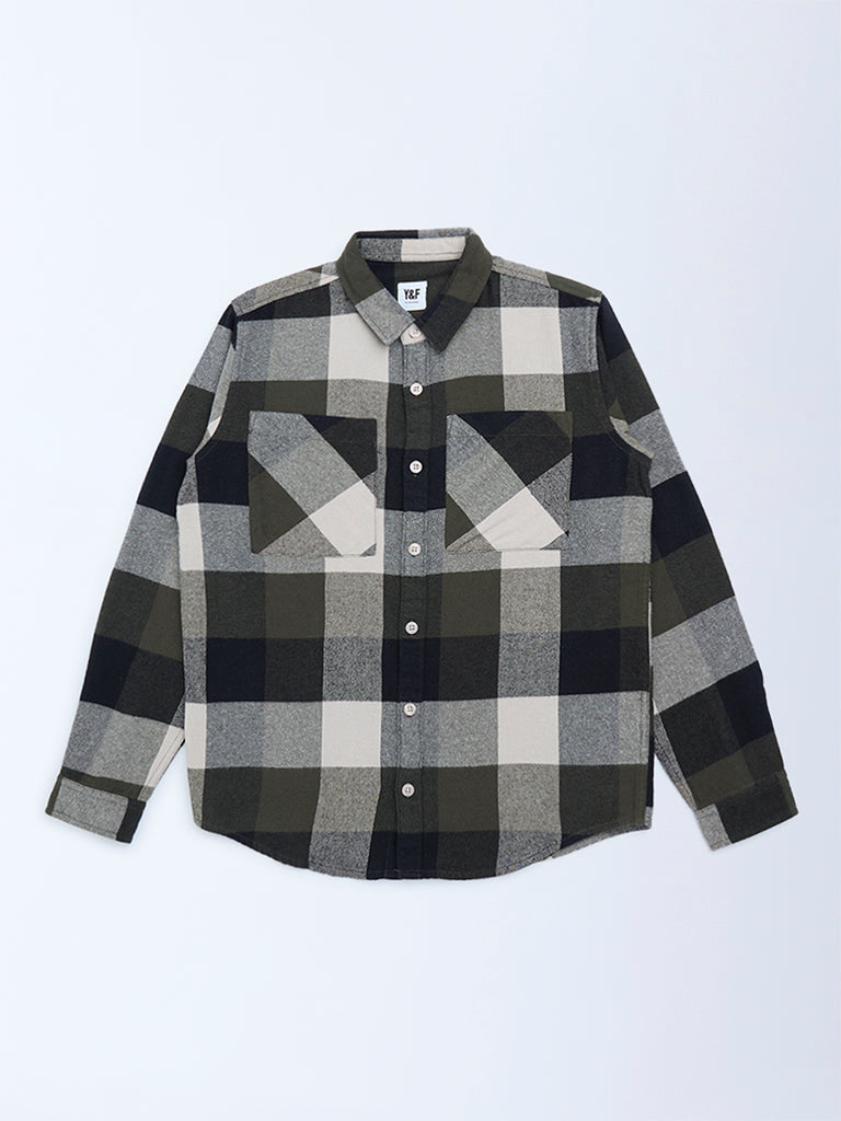 Y&F Kids Boys Olive Checks Design Cotton Shirt