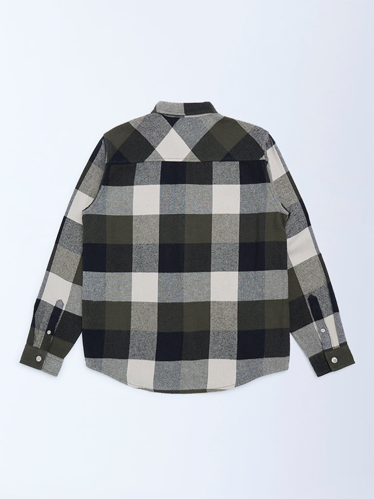 Y&F Kids Boys Olive Checks Design Cotton Shirt