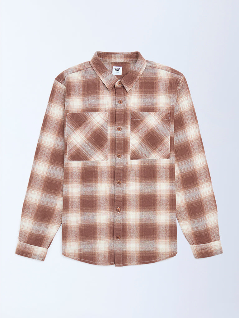 Y&F Kids Boys Brown Checkered Cotton Shirt