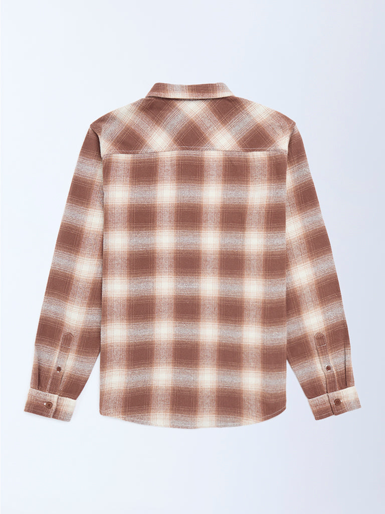 Y&F Kids Boys Brown Checkered Cotton Shirt