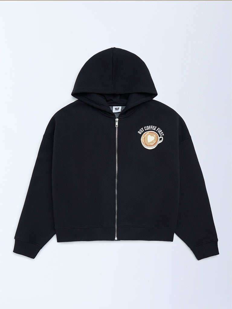 Y&F Kids Girls Black Printed Cotton-Blend Hoodie
