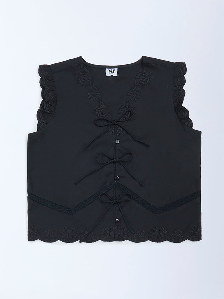 Y&F Kids Girls Black Bow-Detailed Cotton Top