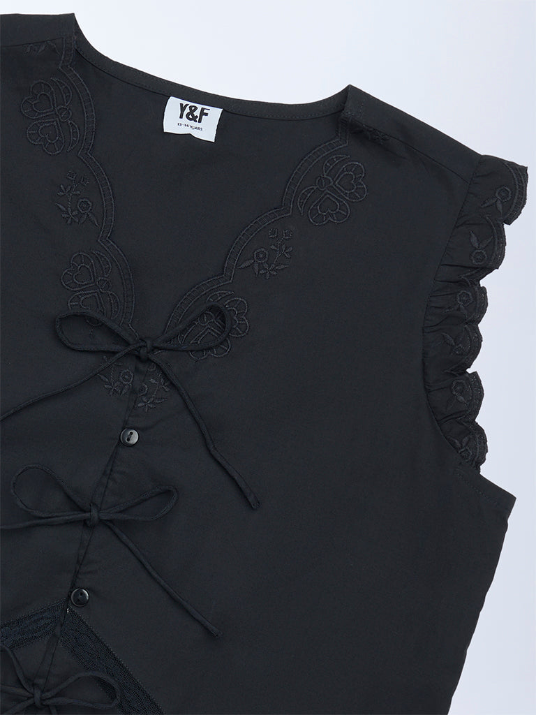 Y&F Kids Girls Black Bow-Detailed Cotton Top