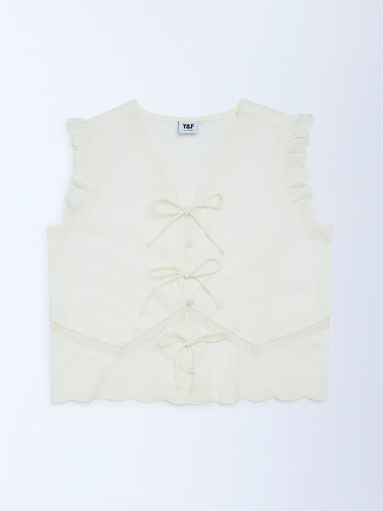 Y&F Kids Girls Off-White Bow-Detailed Cotton Top