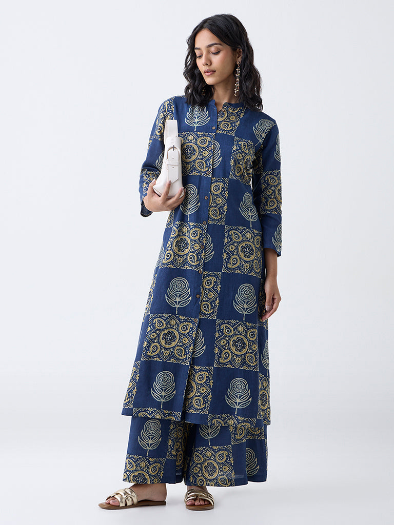 Utsa Blue Printed A-Line Kurta