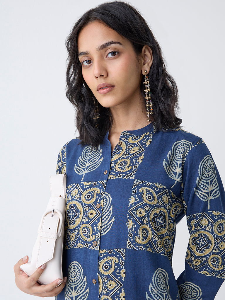 Utsa Blue Printed A-Line Kurta