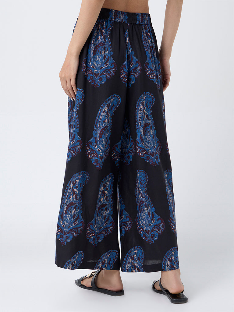 Utsa Black Paisley Printed Palazzos