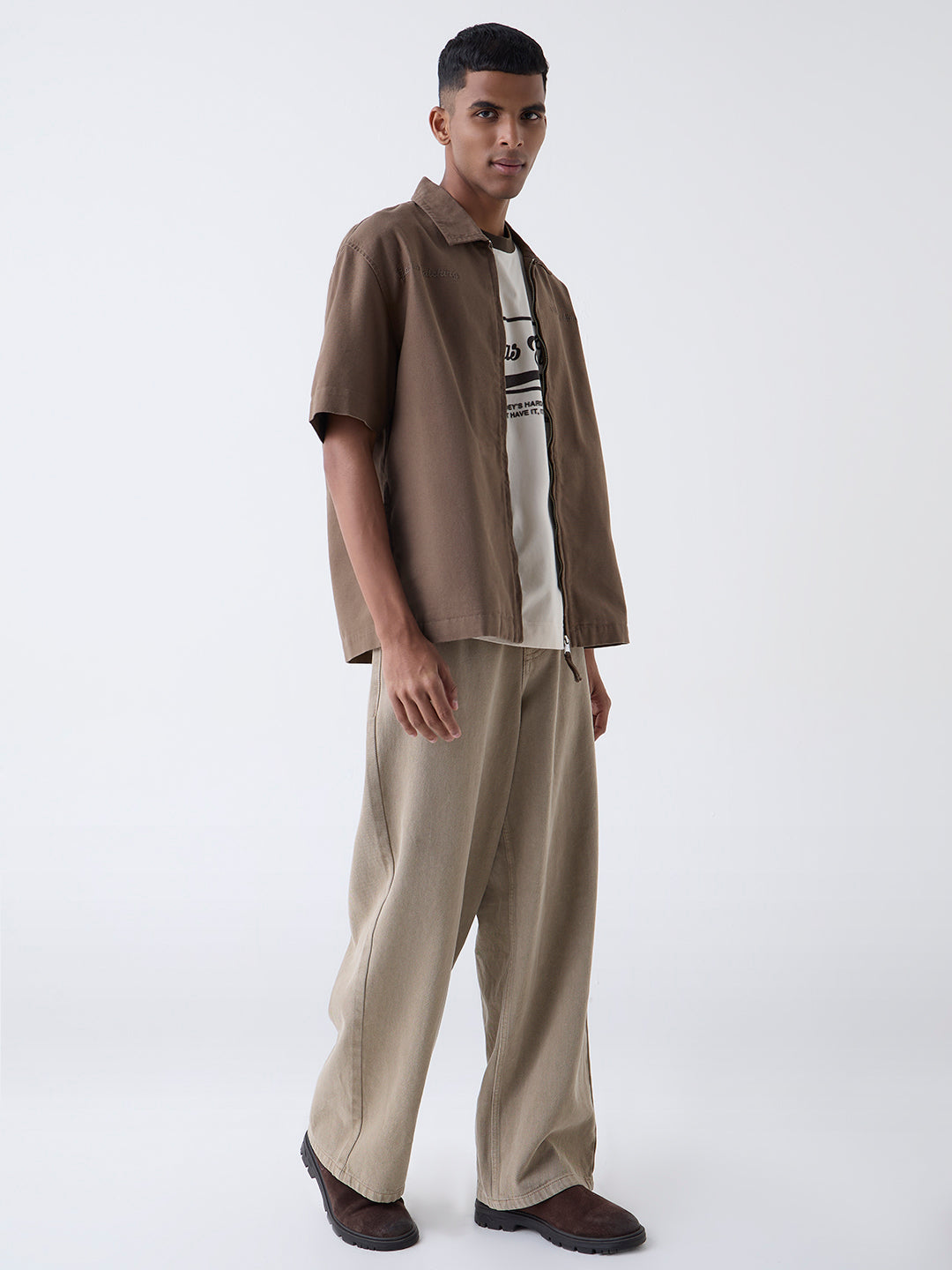 Nuon Brown Text Design Relaxed-Fit Cotton Jacket