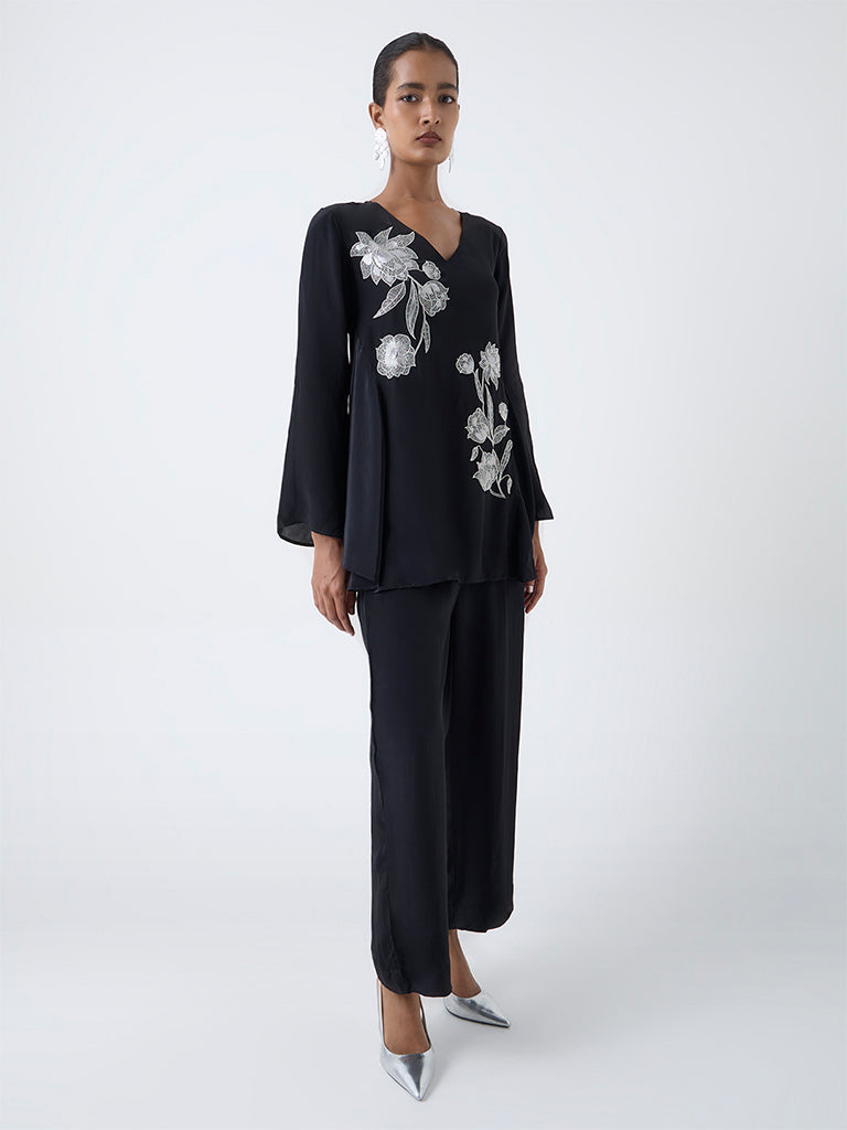 Vark Black Floral Embroidered Ethnic Set