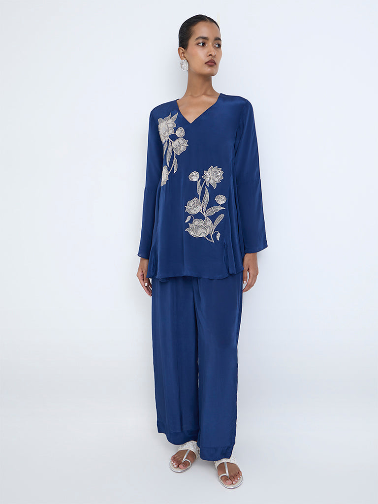 Vark Blue Floral Embroidered Ethnic Set