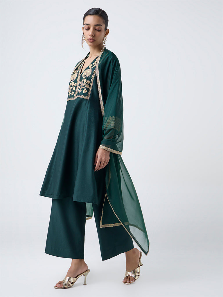 Vark Dark Green Garwal Embroidered A-Line Ethnic Set