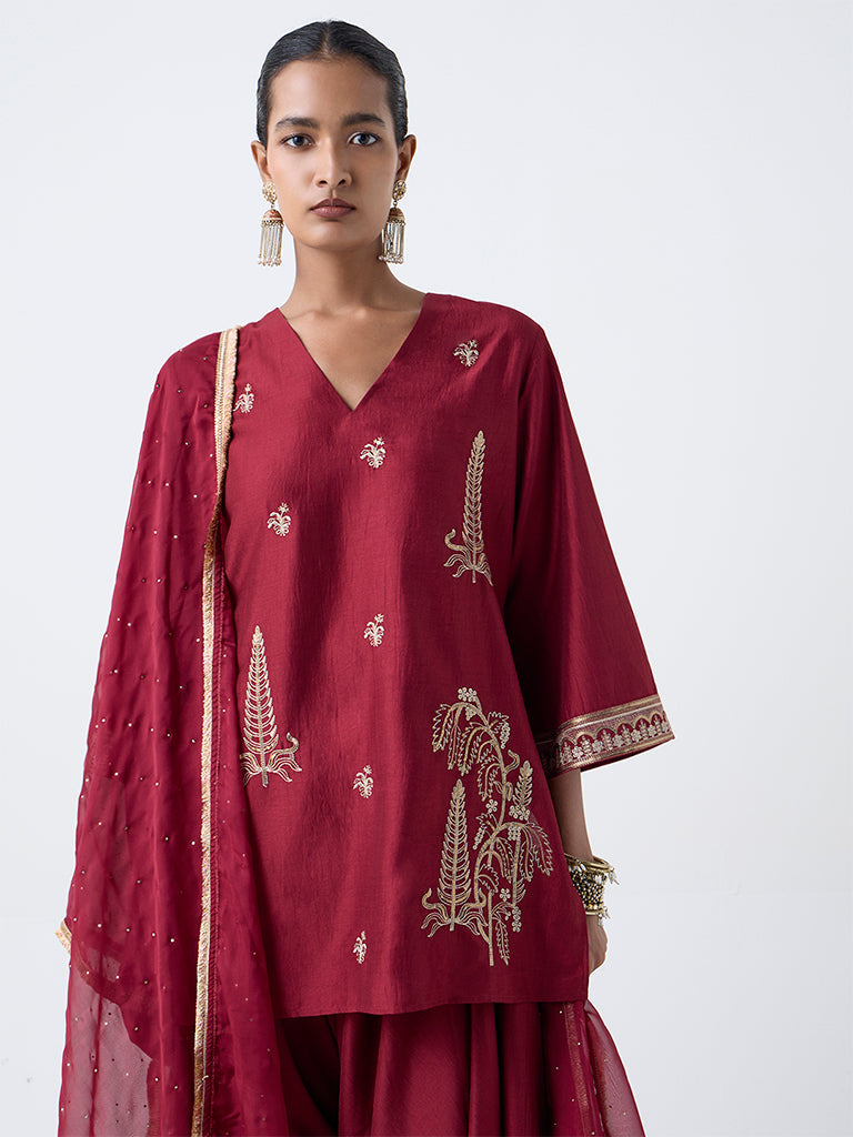 Vark Red Embroidered A-Line Ethnic Set