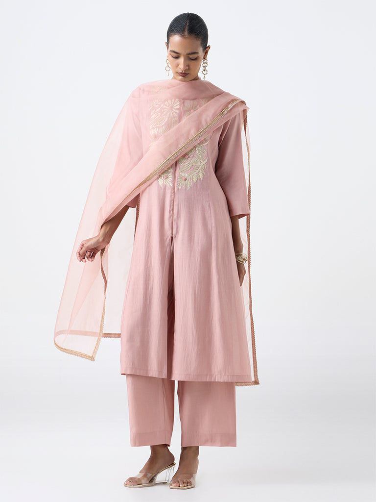 Vark Blush Pink Floral Embroidered A-Line Cotton-Blend Ethnic Set