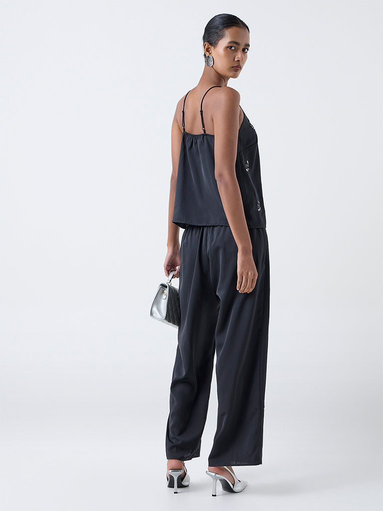 Vark Black Sequin Embellished Top and Pants Set