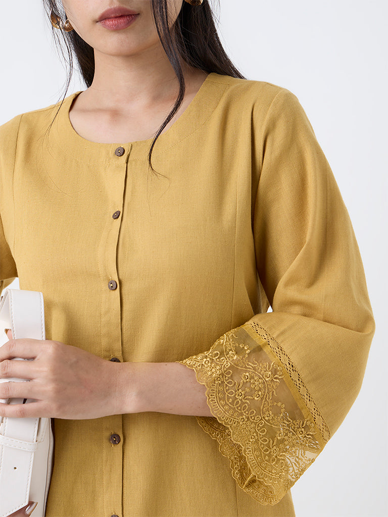 Utsa Mustard Lace-Detailed A-Line Cotton-Blend Kurta