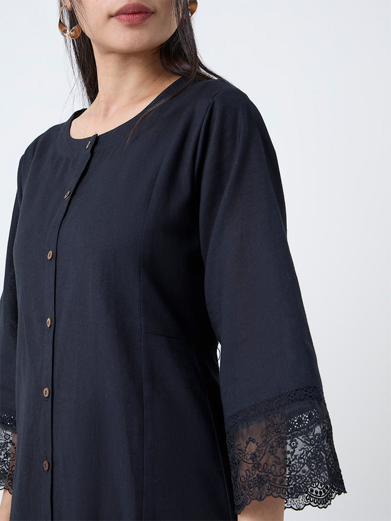 Utsa Black Lace-Detailed Cotton-Blend A-Line Kurta
