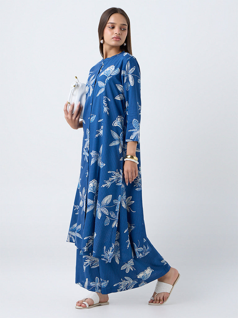 Utsa Blue Floral Printed A-Line Kurta