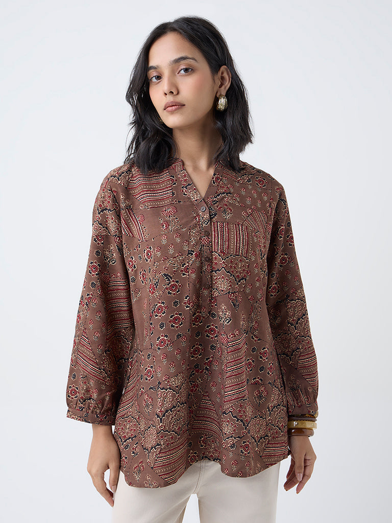 Utsa Brown Floral Design Tunic