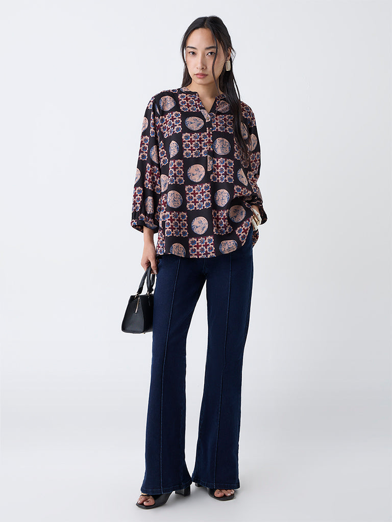 Utsa Black Geometric Design Tunic