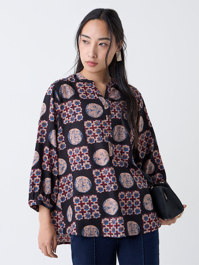 Utsa Black Geometric Design Tunic