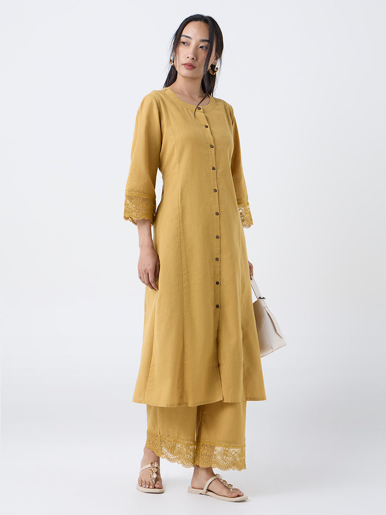 Utsa Mustard Lace-Detailed Cotton-Blend Ethnic Pants