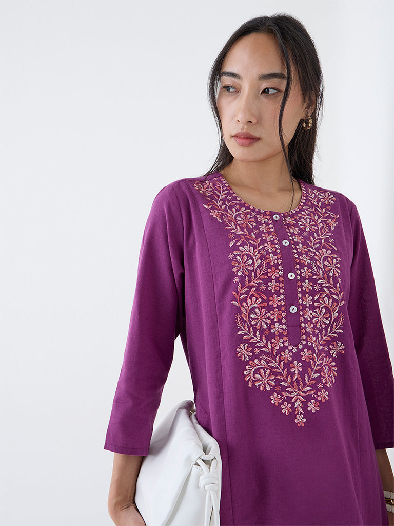 Utsa Plum Floral Embroidered Cotton-Blend A-Line Kurta