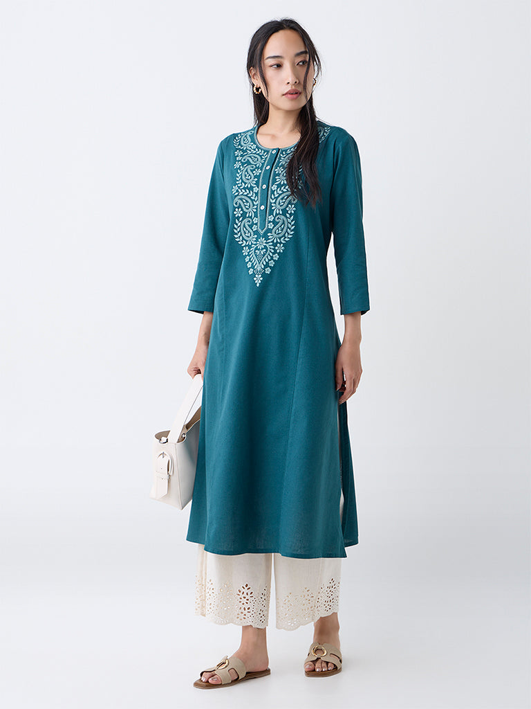 Utsa Teal Paisley Embroidered Cotton-Blend A-Line Kurta