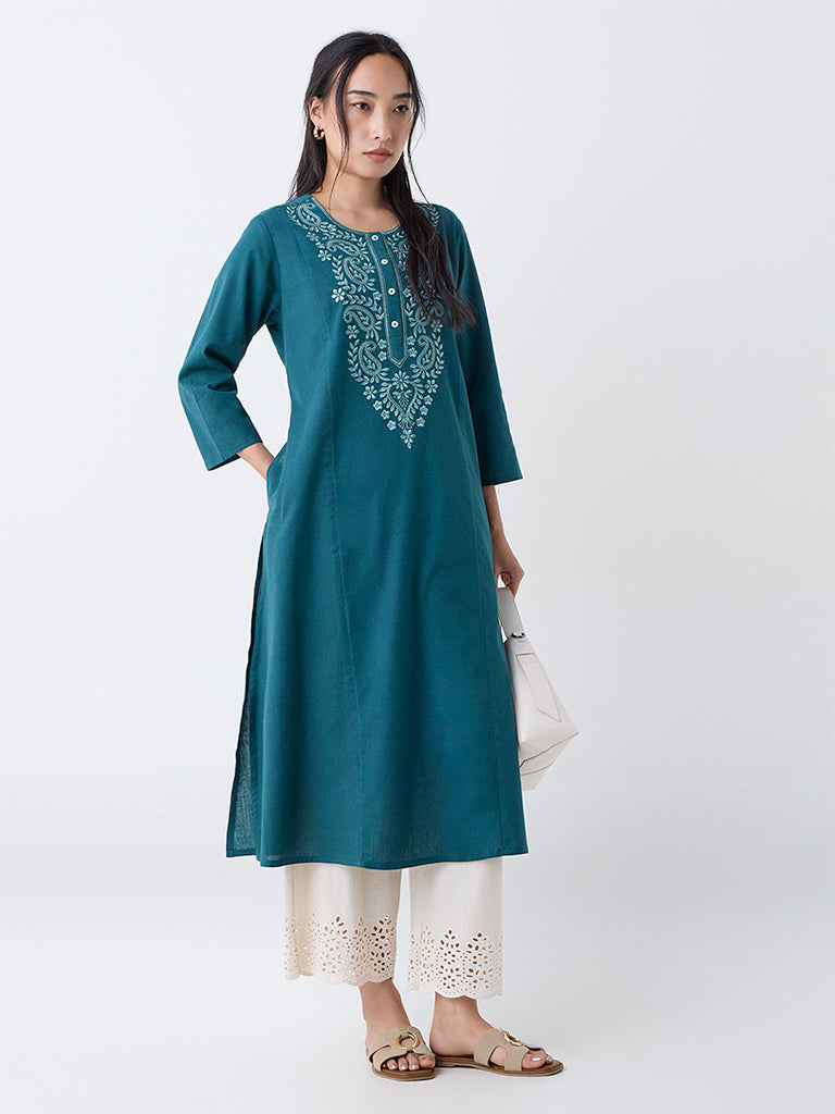 Utsa Teal Paisley Embroidered Cotton-Blend A-Line Kurta