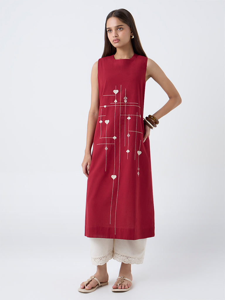 Utsa Red Embroidered Cotton-Blend Straight Kurta