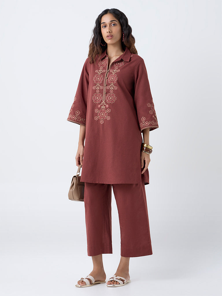 Utsa Rust Cotton-Blend Ethnic Pants