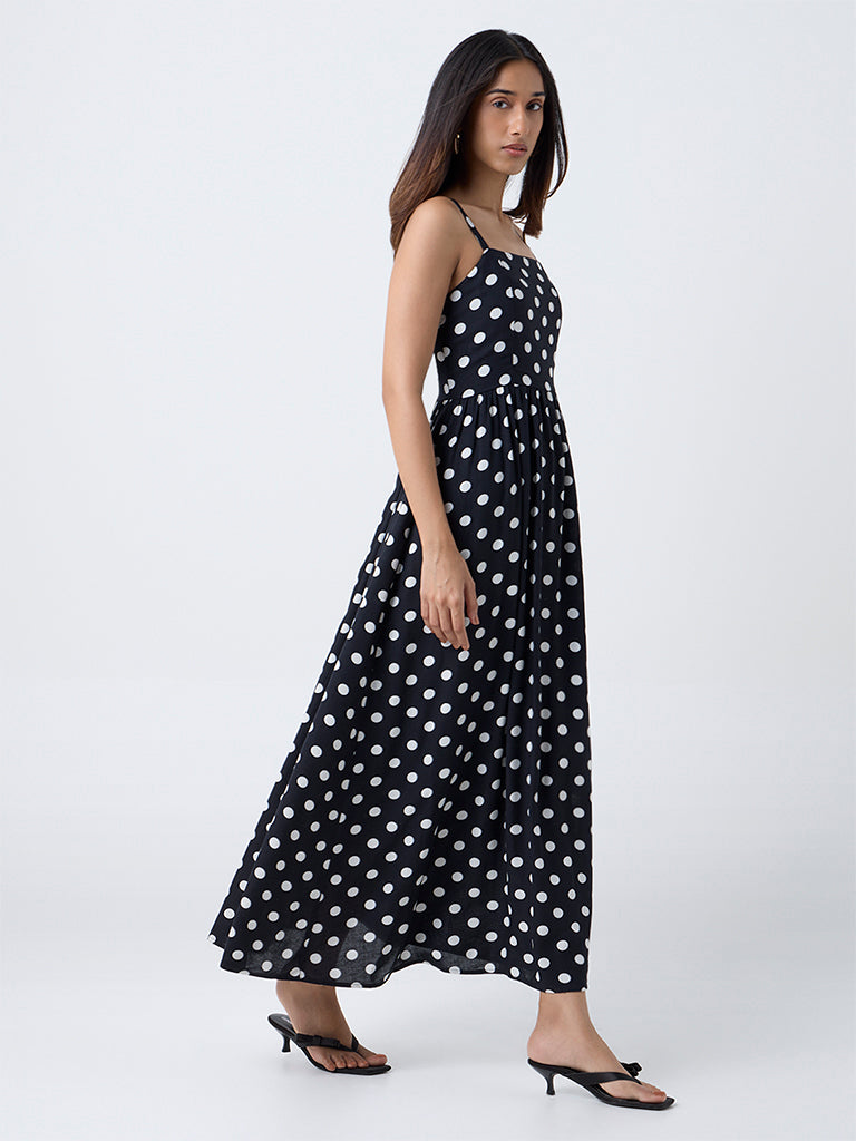 LOV Black Polka Dotted Cotton A-Line Dress