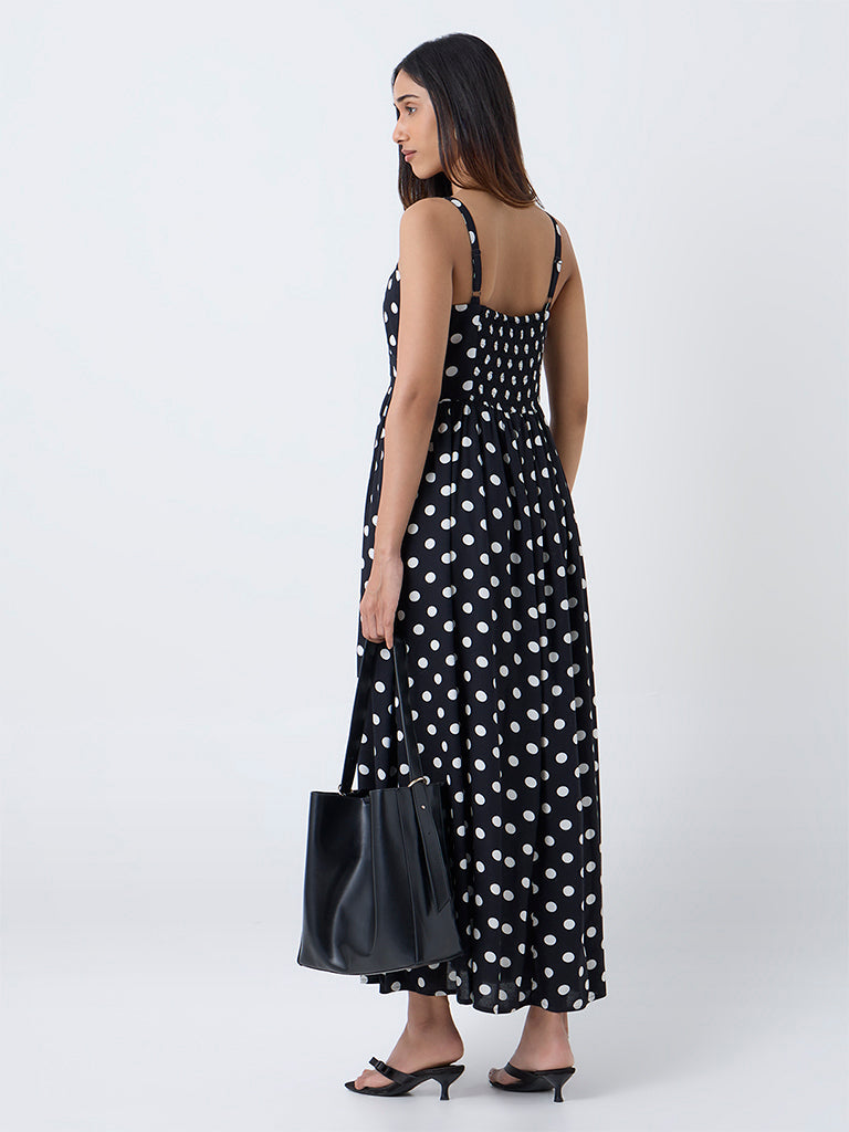 LOV Black Polka Dotted Cotton A-Line Dress