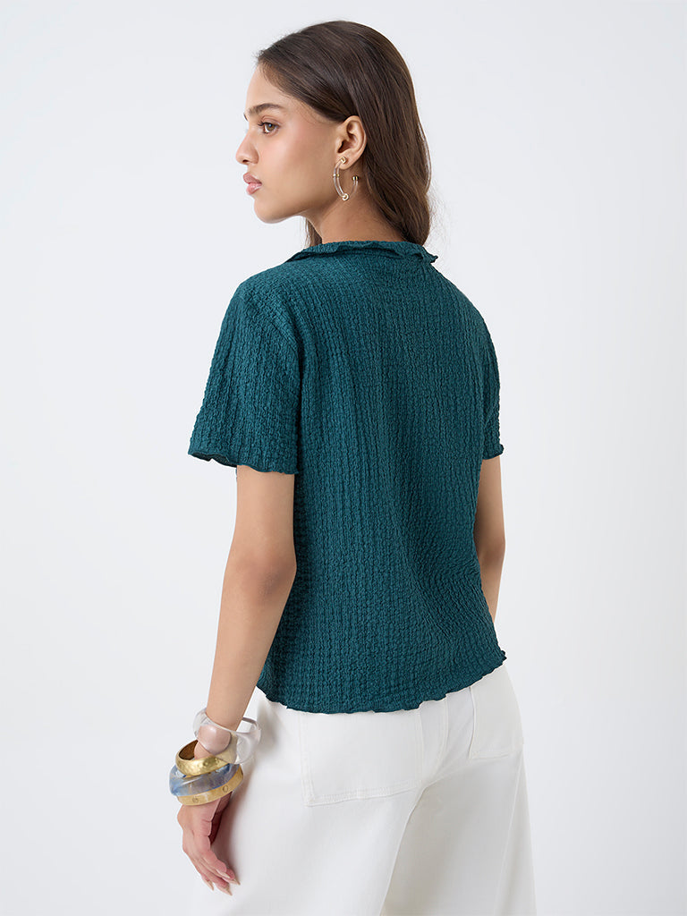 LOV Teal Crinkle-Textured Shirt