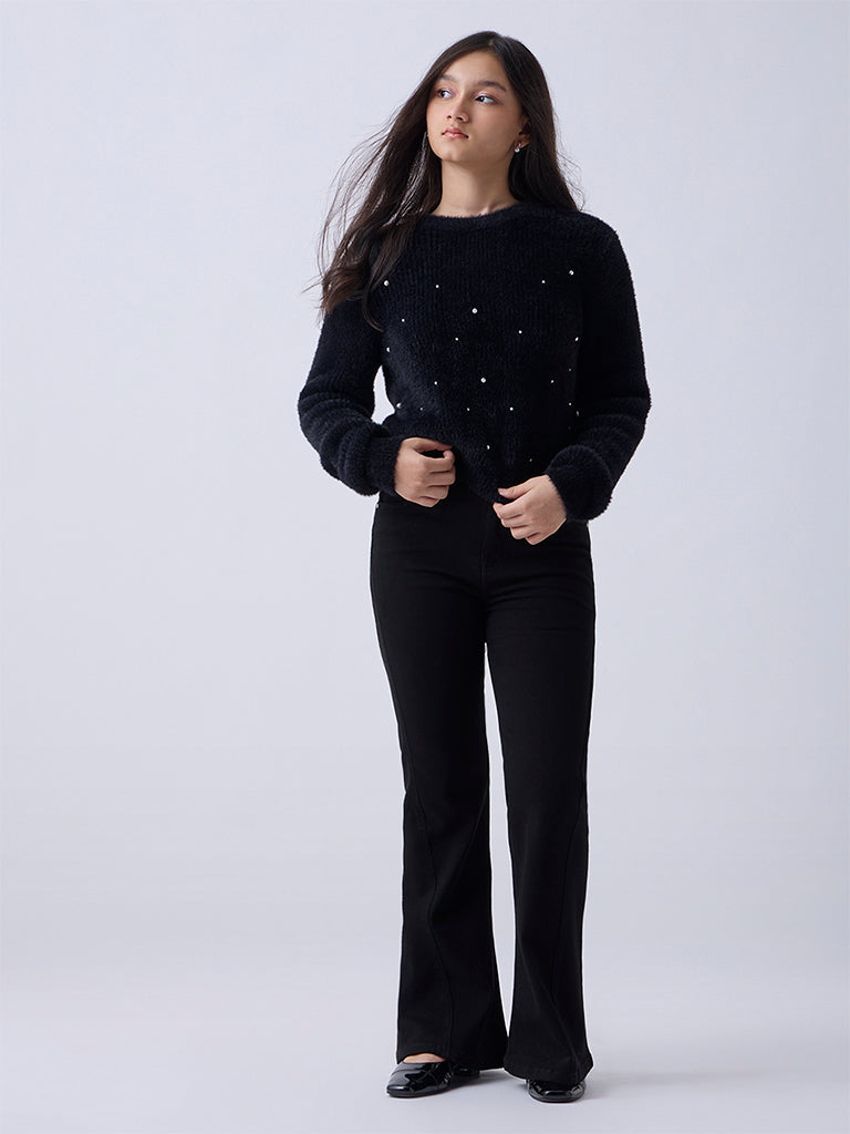 Y&F Kids Girls Black High-Rise Flared Jeans
