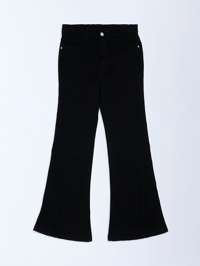 Y&F Kids Girls Black High-Rise Flared Jeans