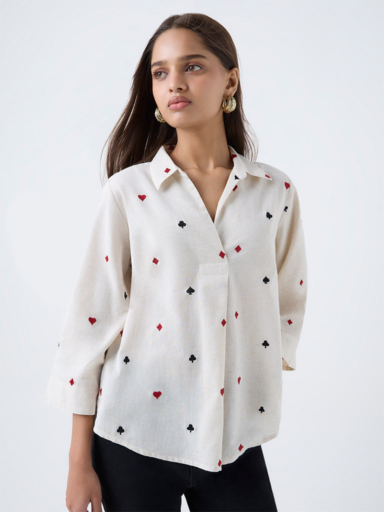 Utsa Off-White Embroidered Cotton-Blend Tunic