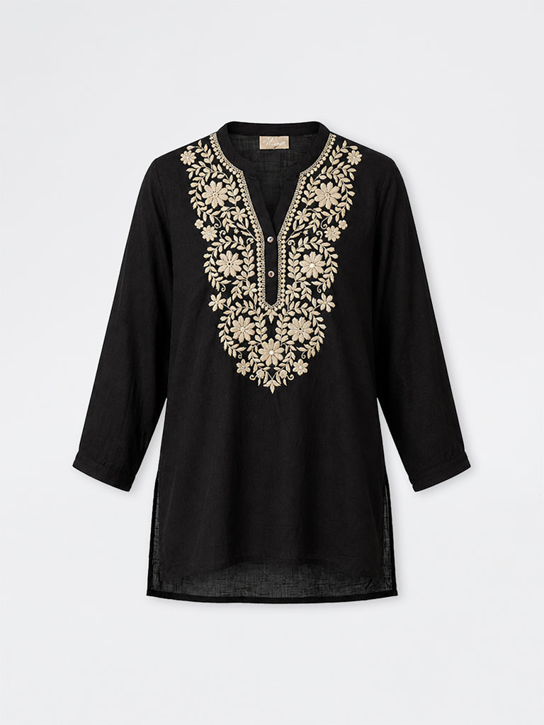 Utsa Black Floral Embroidered High-Low Cotton Tunic