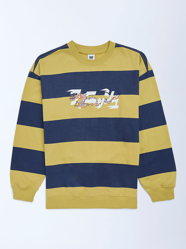 Y&F Kids Boys Olive Striped Cotton Sweatshirt