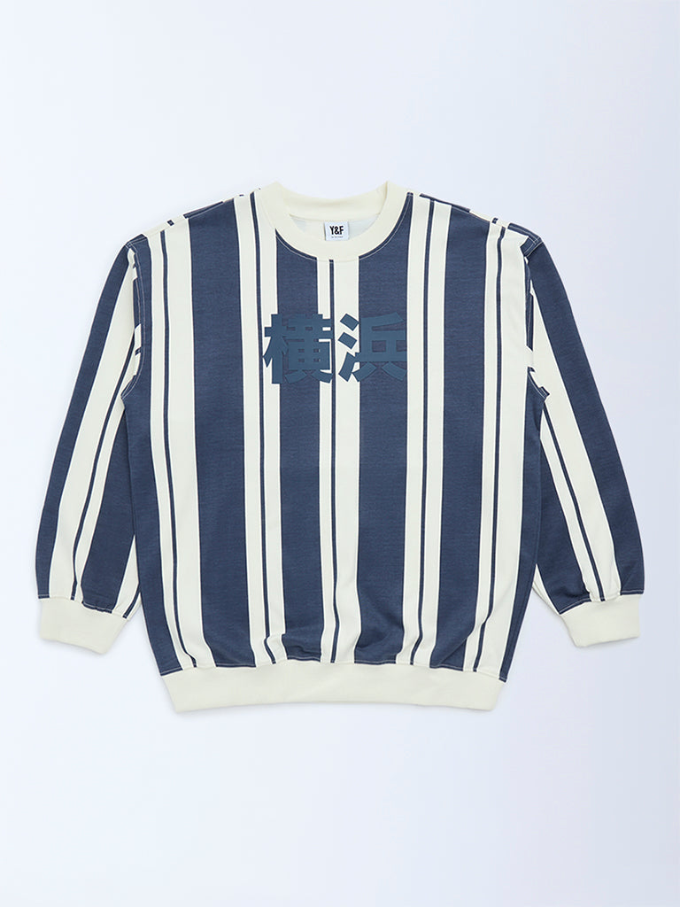 Y&F Kids Boys Dusty Blue Striped Cotton-Blend Sweatshirt