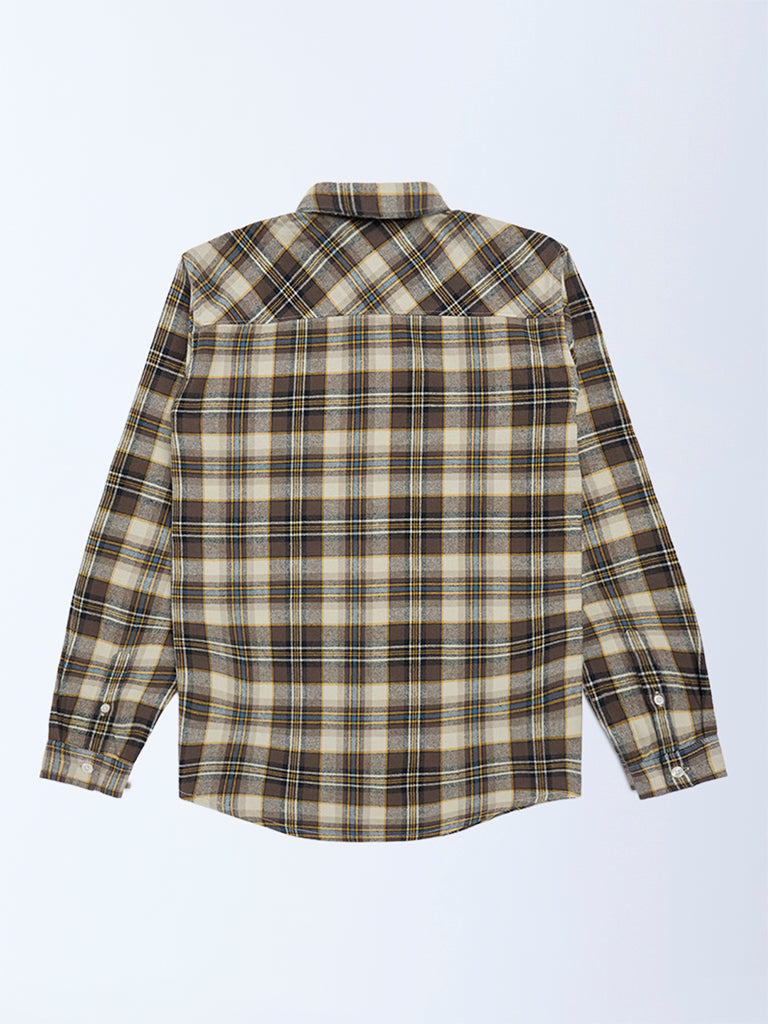 Y&F Kids Boys Brown Checkered Cotton Shirt