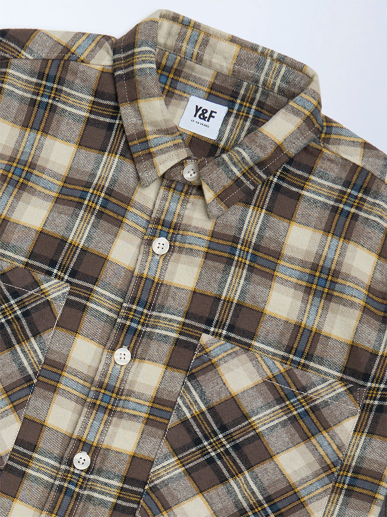 Y&F Kids Boys Brown Checkered Cotton Shirt
