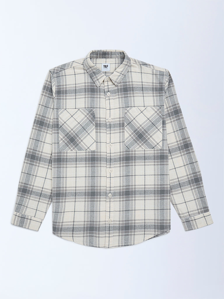Y&F Kids Boys Grey Checks Printed Cotton Shirt
