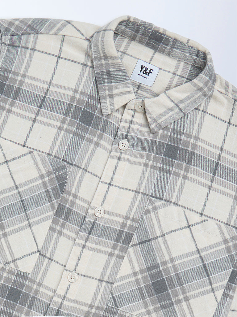 Y&F Kids Boys Grey Checks Printed Cotton Shirt