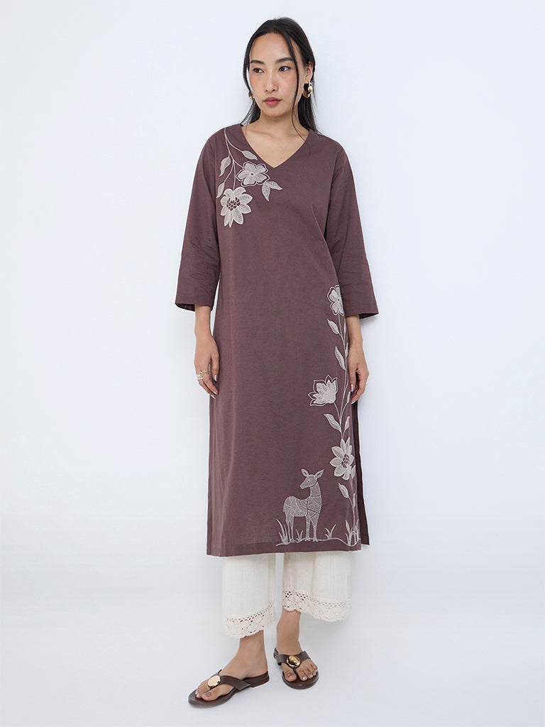Utsa Brown Floral Embroidered Cotton-Blend A-Line Kurta