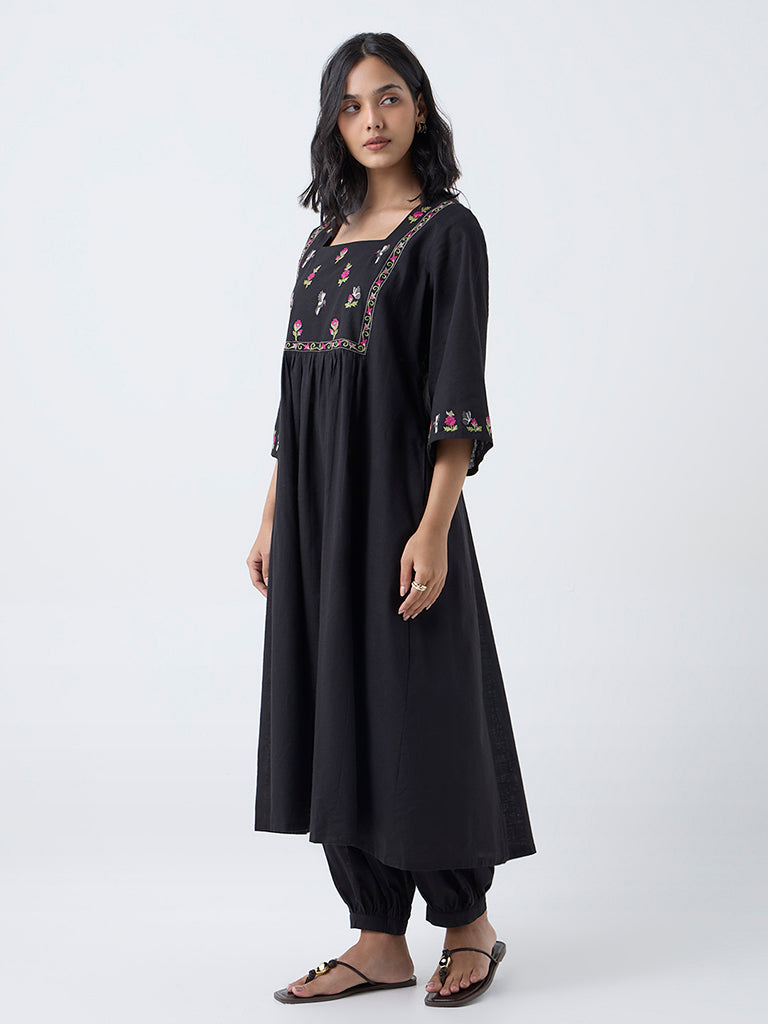 Utsa Black Floral Embroidered Fit-and-Flare Cotton Kurta