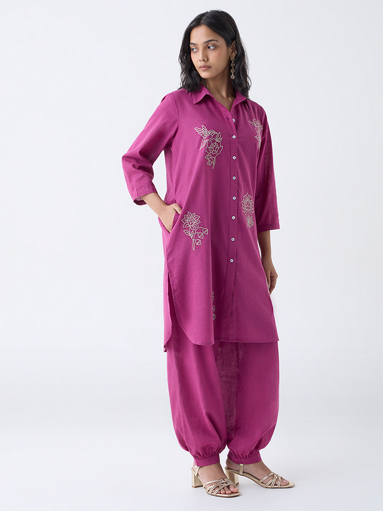 Utsa Magenta Floral Embroidered Cotton Straight Kurta
