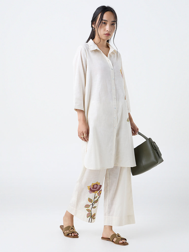 Utsa Off-White Floral Embroidered Cotton A-Line Kurta